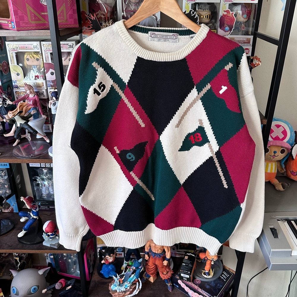 Vintage John Ashford Golf Sweater Red Green White Argyle Flag Knit Men’s L AOP